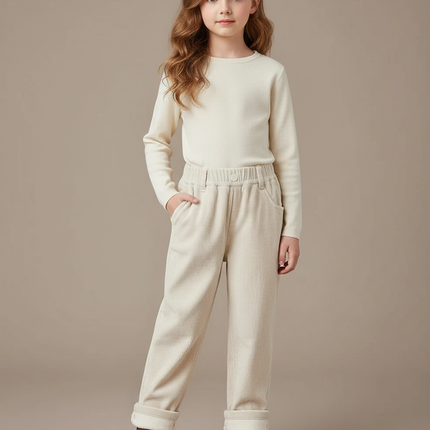 Pantalon Velours Côtelé Enfant Doublé Polaire Écru - Beige Cordé