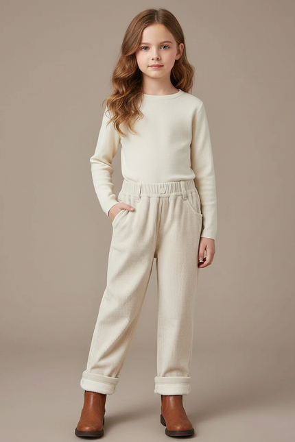 Pantalon Velours Côtelé Enfant Doublé Polaire Écru - Beige Cordé
