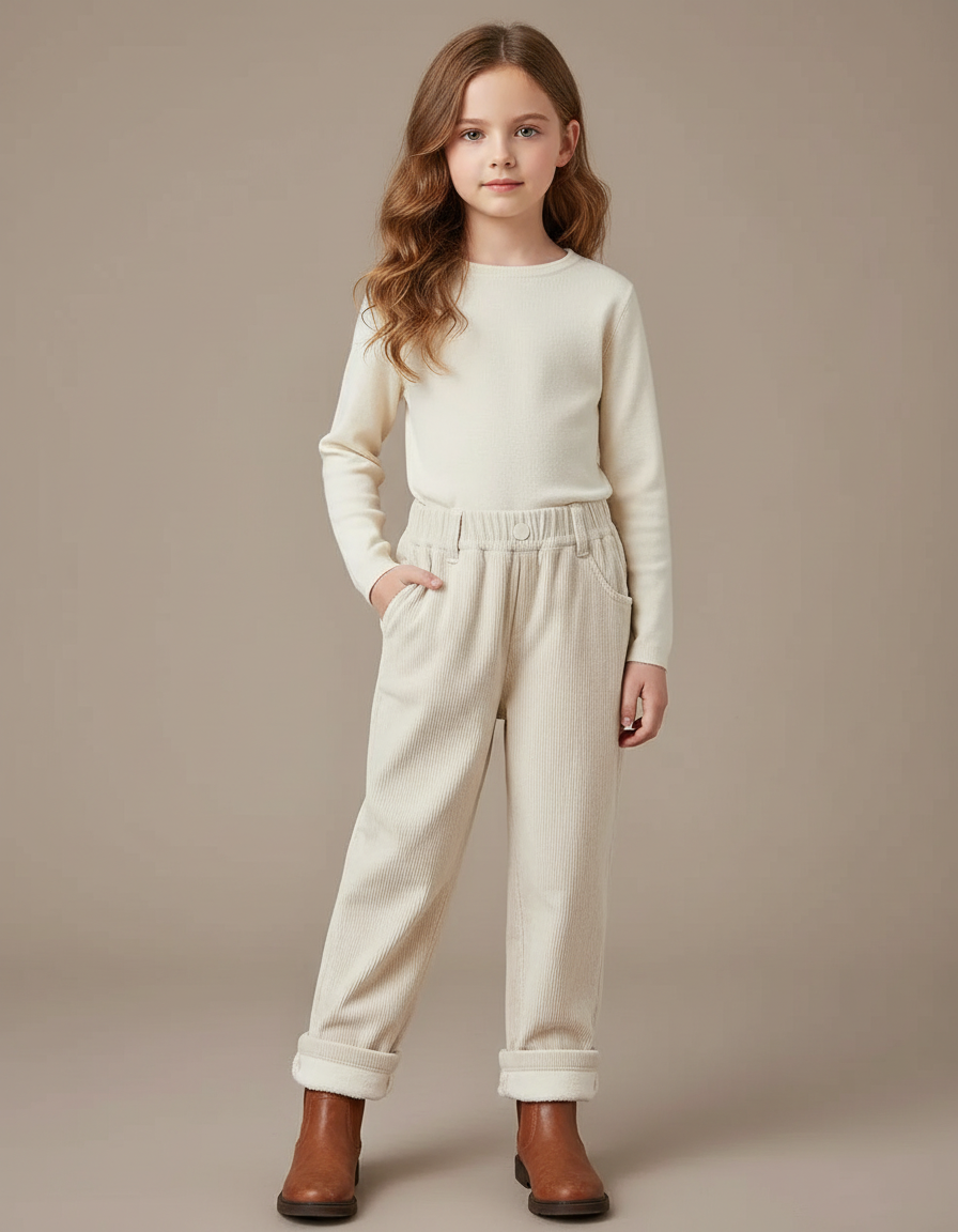 Pantalon Velours Côtelé Enfant Doublé Polaire Écru - Beige Cordé