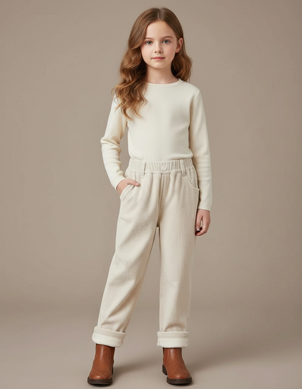 Pantalon Velours Côtelé Enfant Doublé Polaire Écru - Beige Cordé