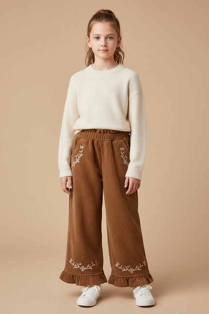 Pantalon Velours Marron Côtelé Ample Brodé Fille - Cordé