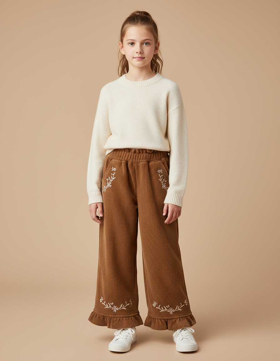 Pantalon Velours Marron Côtelé Ample Brodé Fille - Cordé