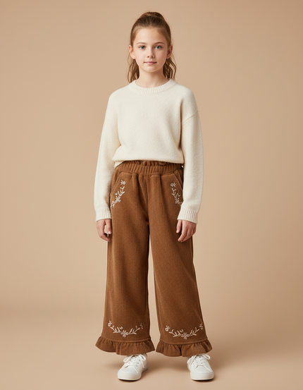 Pantalon Velours Marron Côtelé Ample Brodé Fille - Cordé