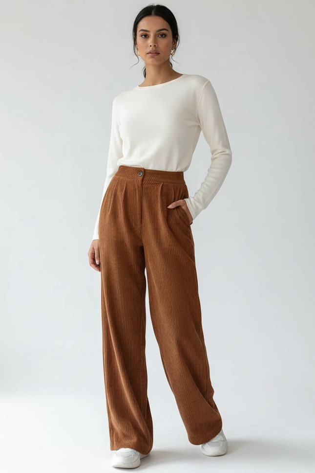 Pantalon Velours Côtelé Marron Ample Taille Haute - Cordé