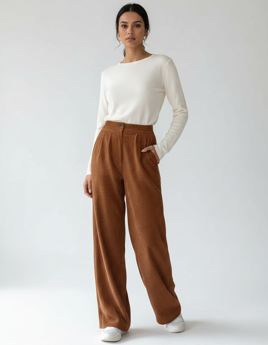 Pantalon Velours Côtelé Marron Ample Taille Haute - Cordé