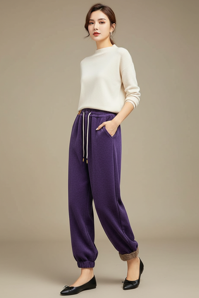 Pantalon Velours Violet Chaud Doux Hiver Femme