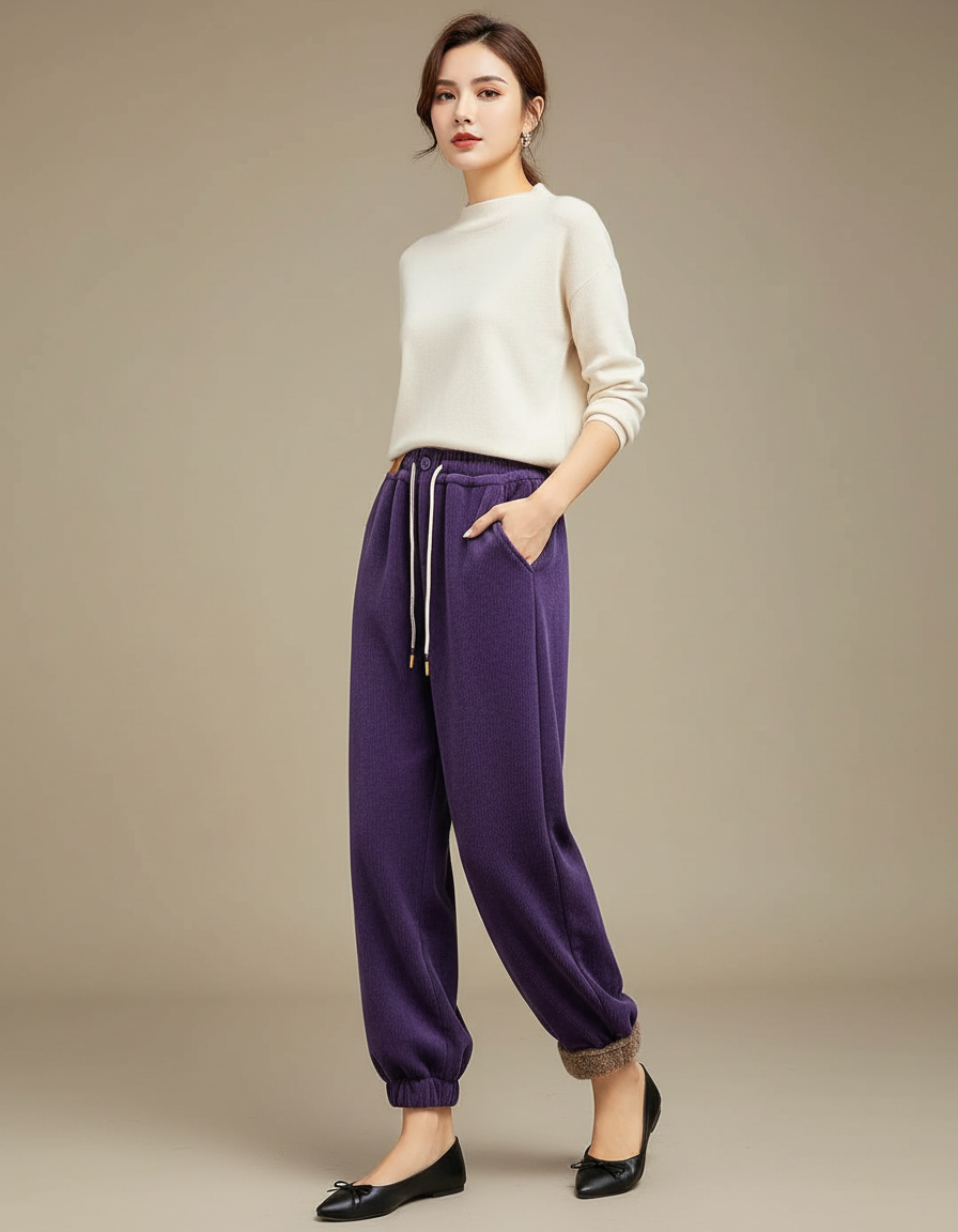 Pantalon Velours Violet Chaud Doux Hiver Femme