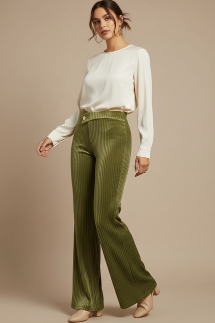Pantalon Velours Côtelé Vert Taille Haute Évasé - Cordé