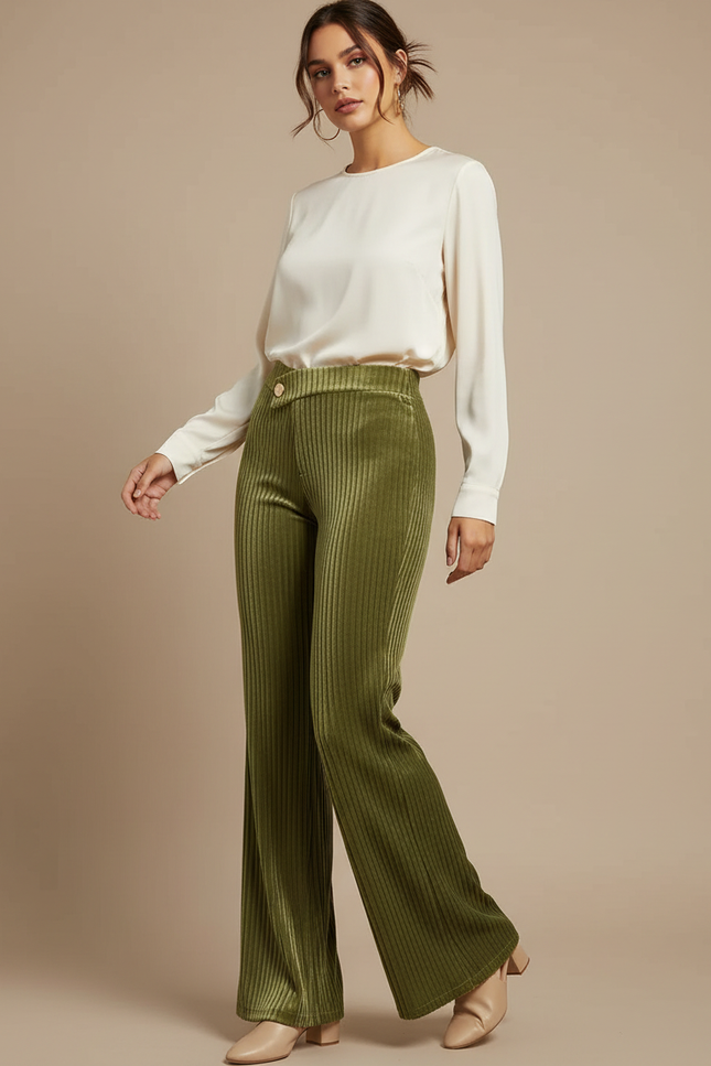 Pantalon Velours Côtelé Vert Taille Haute Évasé - Cordé