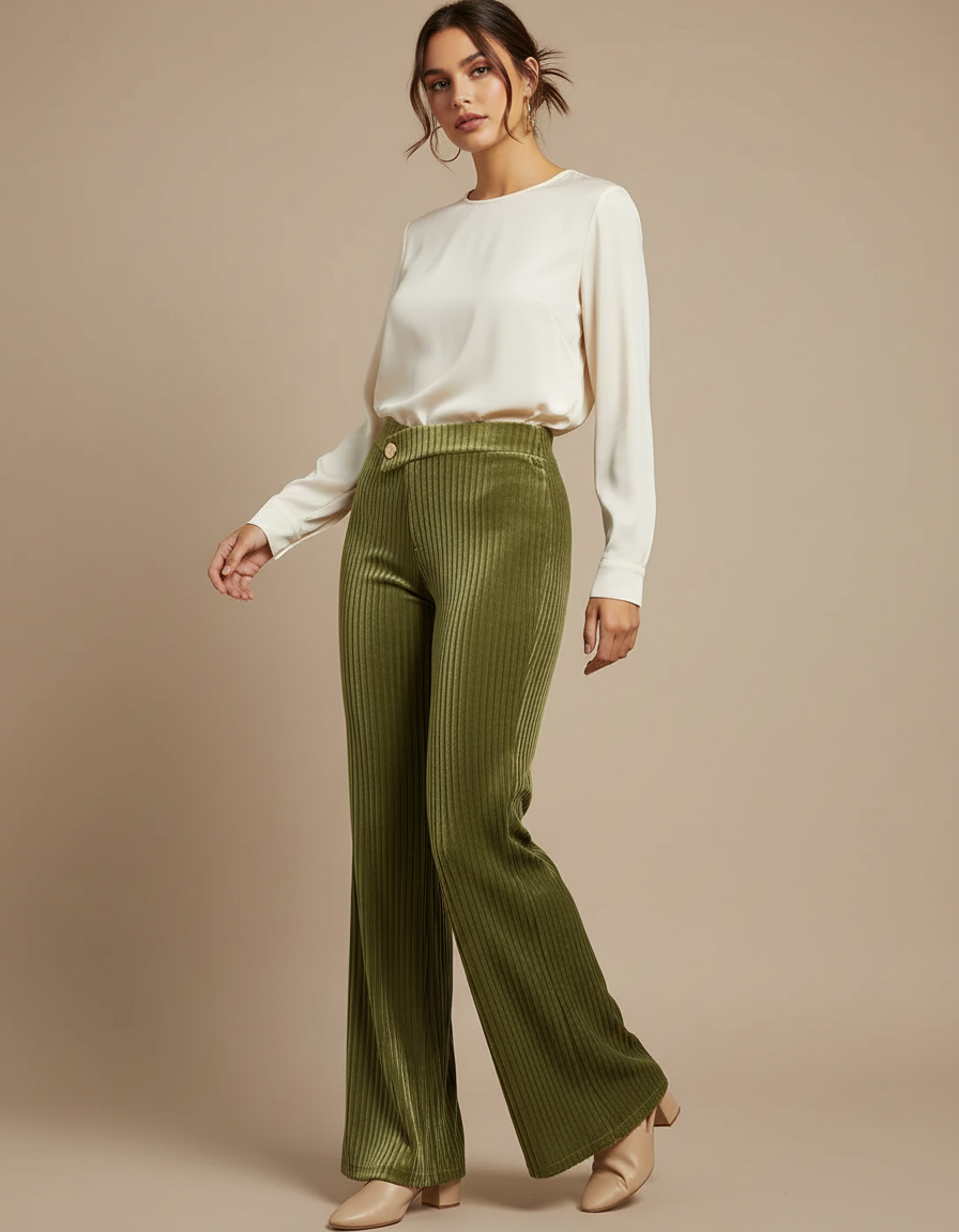 Pantalon Velours Côtelé Vert Taille Haute Évasé - Cordé