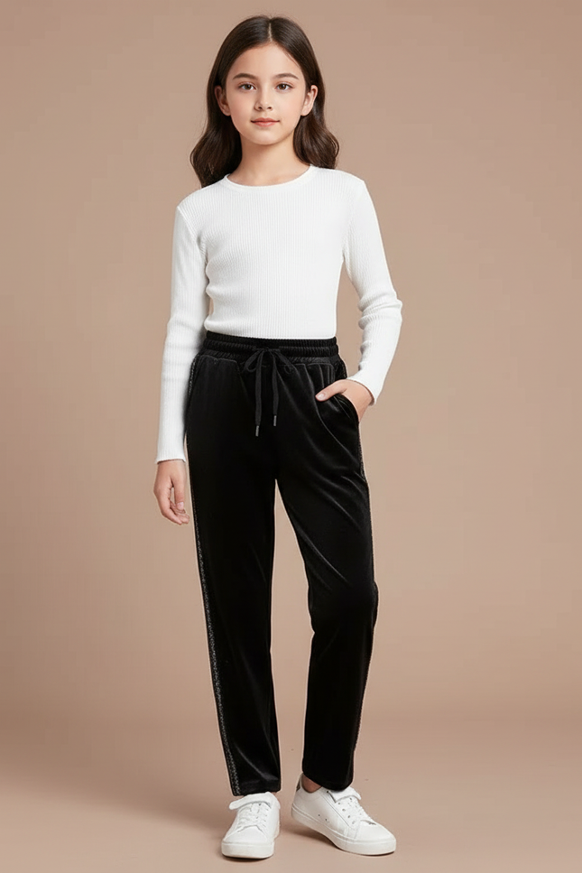 Pantalon Velours Noir Coupe Droite Cordon Décontracté