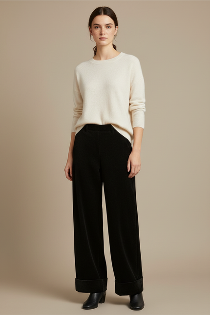Pantalon Velours Noir Large Décontracté Femme - Cordé