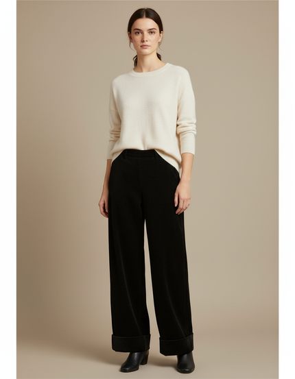 Pantalon Velours Noir Large Décontracté Femme - Cordé