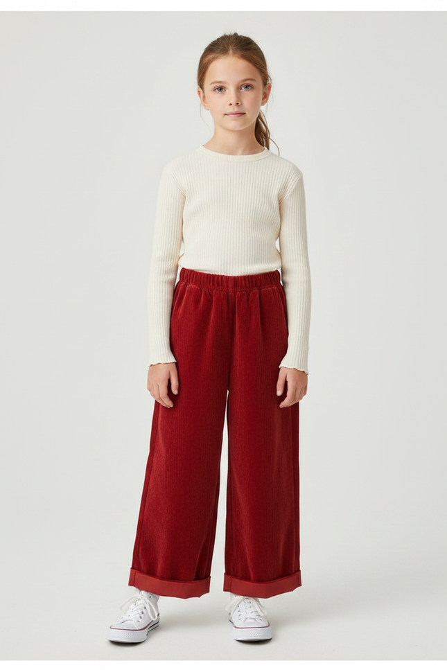 Pantalon Velours Rouge Brique Côtelé Ample Enfant - Bordeaux