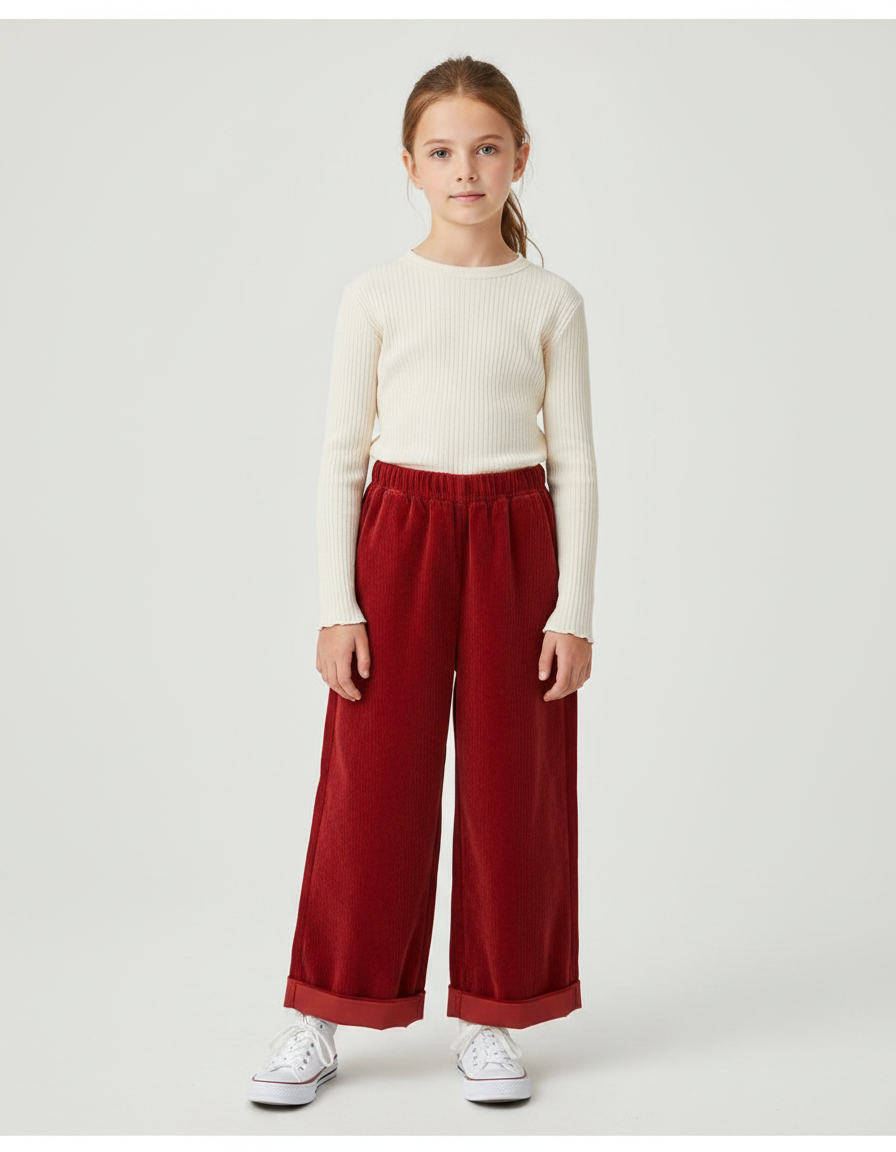 Pantalon Velours Rouge Brique Côtelé Ample Enfant - Bordeaux