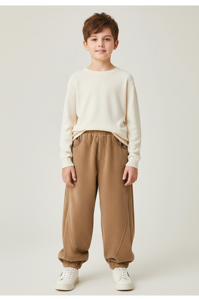 Pantalon Velours Côtelé Marron Ample Garçon Décontracté - Cordé
