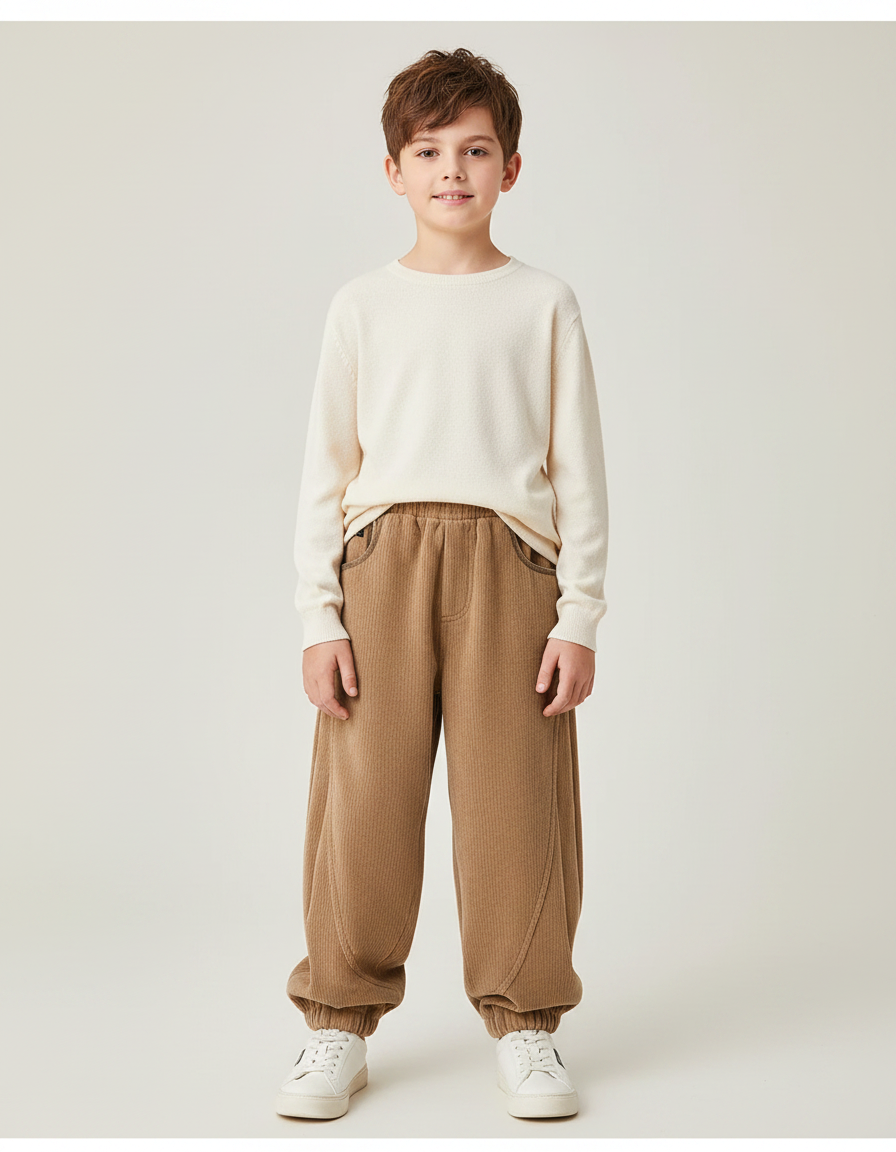 Pantalon Velours Côtelé Marron Ample Garçon Décontracté - Cordé