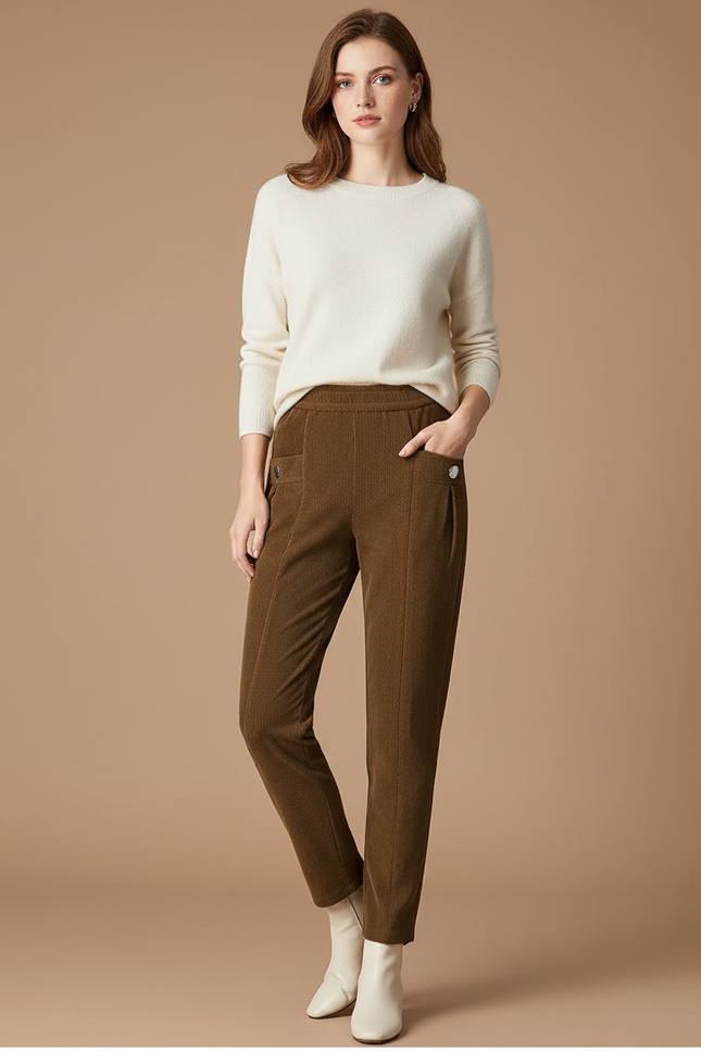 Pantalon Velours Marron Côtelé Droit Taille Haute Femme