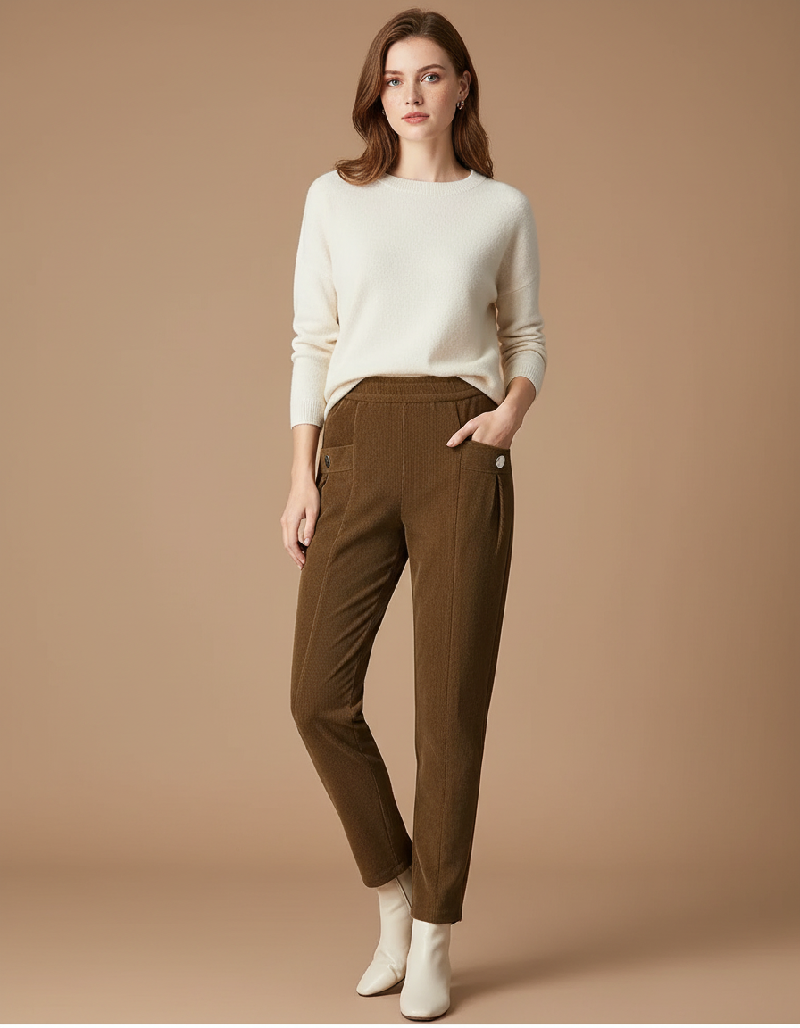 Pantalon Velours Marron Côtelé Droit Taille Haute Femme