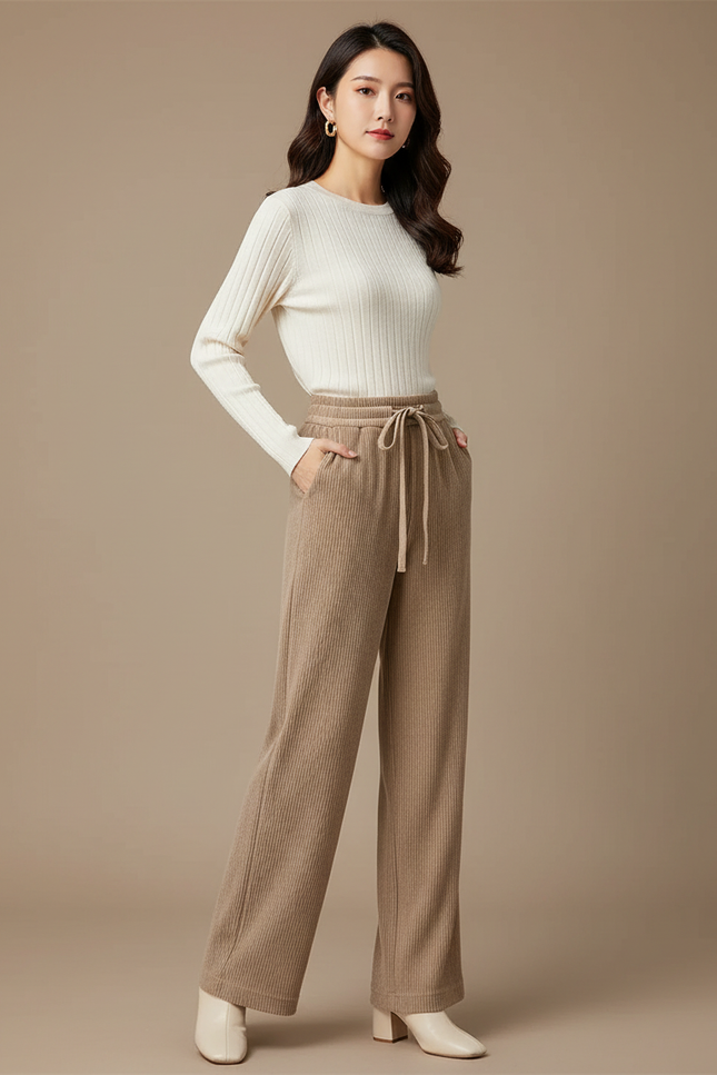 Pantalon Velours Côtelé Ample Beige Décontracté Femme - Cordé