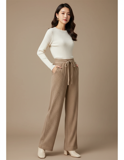 Pantalon Velours Côtelé Ample Beige Décontracté Femme - Cordé