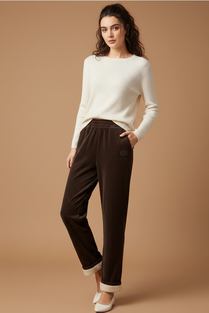 Pantalon Velours Marron Côtelé Doublé Polaire Ample - Cordé