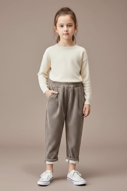 Pantalon Velours Côtelé Gris Ample Enfant Doublé - Cordé