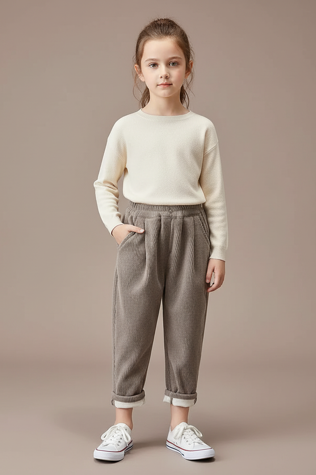Pantalon Velours Côtelé Gris Ample Enfant Doublé - Cordé