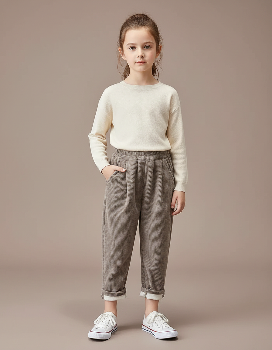 Pantalon Velours Côtelé Gris Ample Enfant Doublé - Cordé