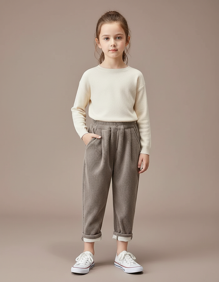 Pantalon Velours Côtelé Gris Ample Enfant Doublé - Cordé