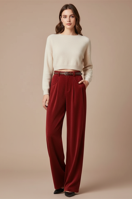 Pantalon Velours Rouge Ample Fluide Taille Haute - Bordeaux
