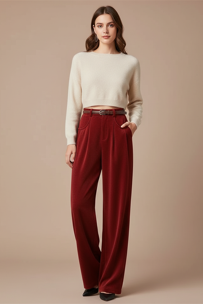 Pantalon Velours Rouge Ample Fluide Taille Haute - Bordeaux
