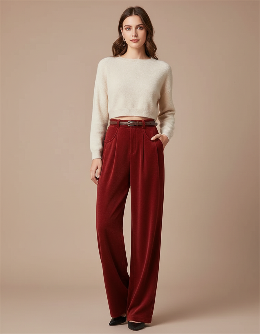 Pantalon Velours Rouge Ample Fluide Taille Haute - Bordeaux