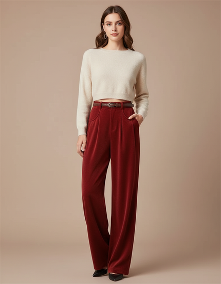Pantalon Velours Rouge Ample Fluide Taille Haute - Bordeaux