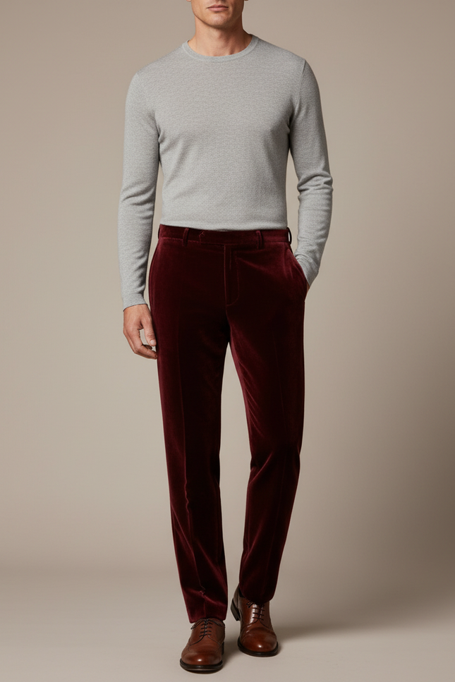 Pantalon Velours Bordeaux Homme Droit Élégant Classique