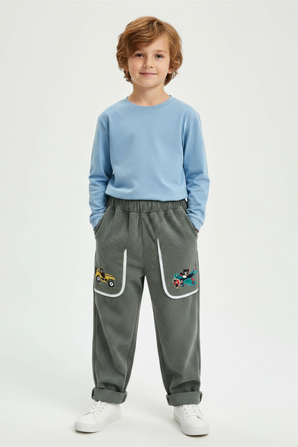 Pantalon Velours Côtelé Gris Brodé Ample Enfant - Cordé