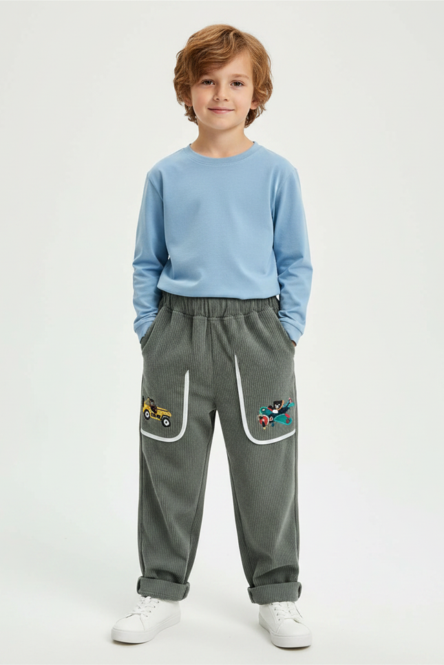 Pantalon Velours Côtelé Gris Brodé Ample Enfant - Cordé