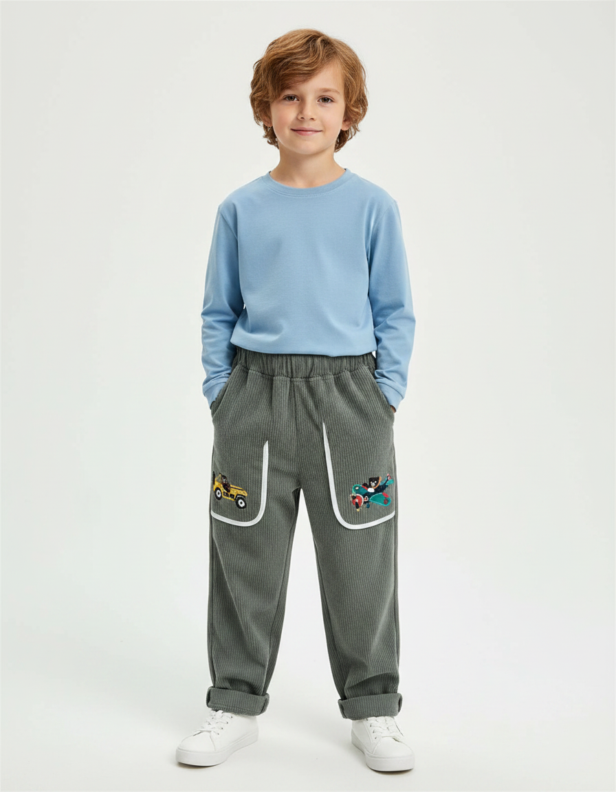 Pantalon Velours Côtelé Gris Brodé Ample Enfant - Cordé