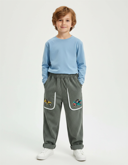 Pantalon Velours Côtelé Gris Brodé Ample Enfant - Cordé
