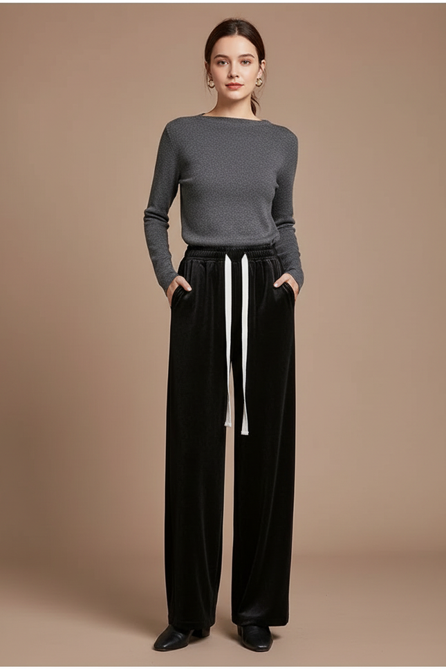 Pantalon Velours Noir Ample Taille Haute Décontracté