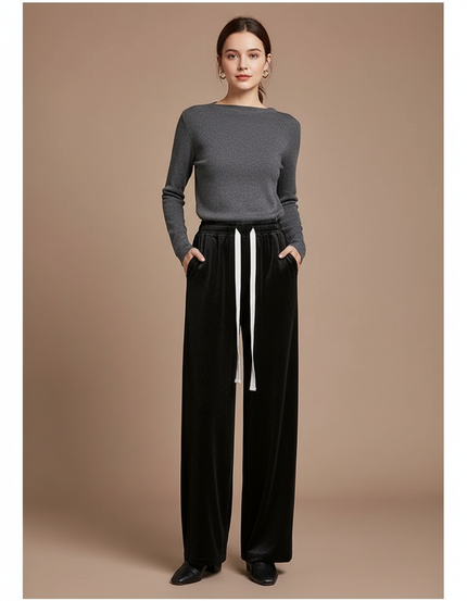 Pantalon Velours Noir Ample Taille Haute Décontracté