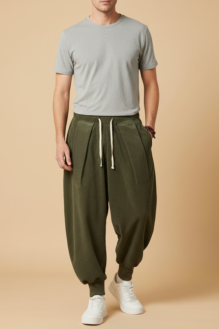 Pantalon Velours Côtelé Vert Ample Décontracté Harem - Cordé