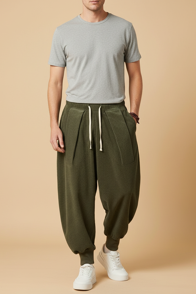 Pantalon Velours Côtelé Vert Ample Décontracté Harem - Cordé