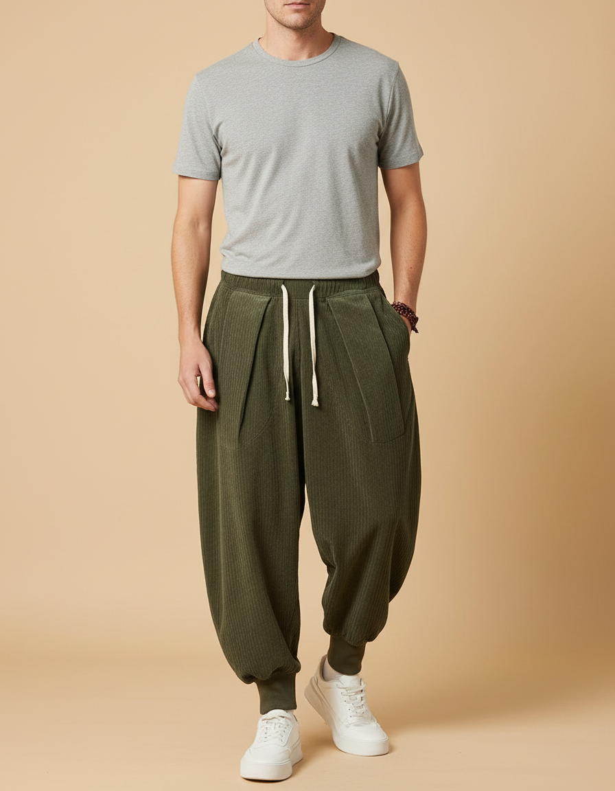 Pantalon Velours Côtelé Vert Ample Décontracté Harem - Cordé