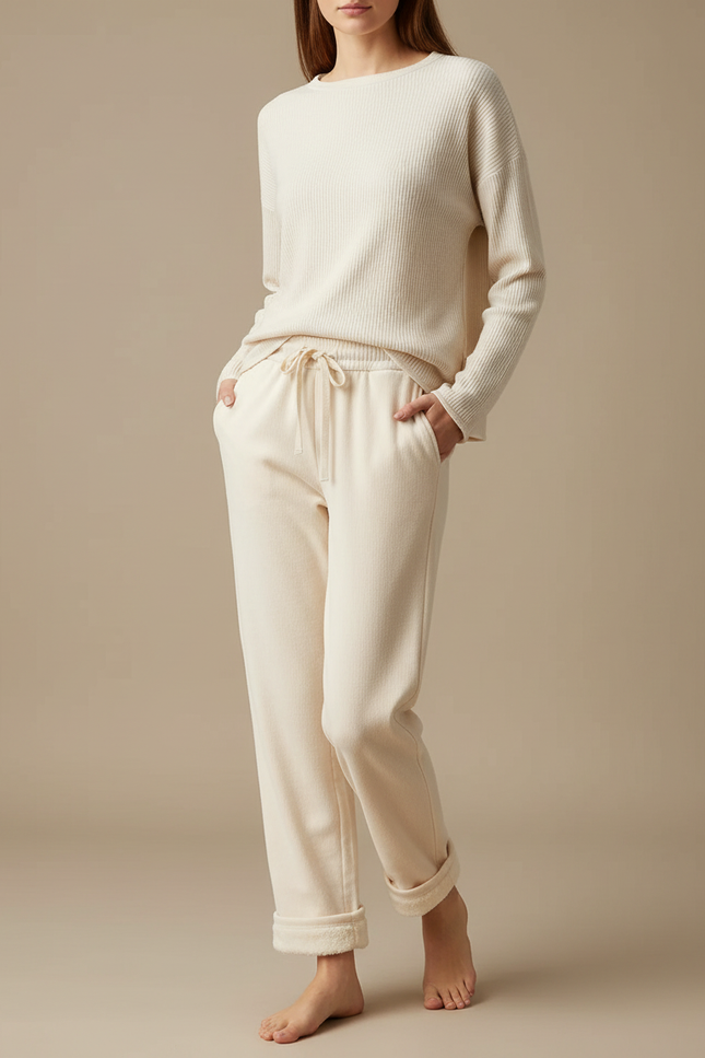 Pantalon Velours Beige Ample Doublé Chaud Femme - Molleton