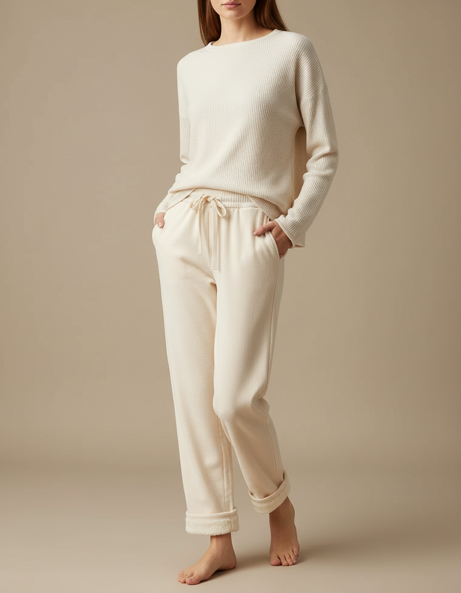 Pantalon Velours Beige Ample Doublé Chaud Femme - Molleton