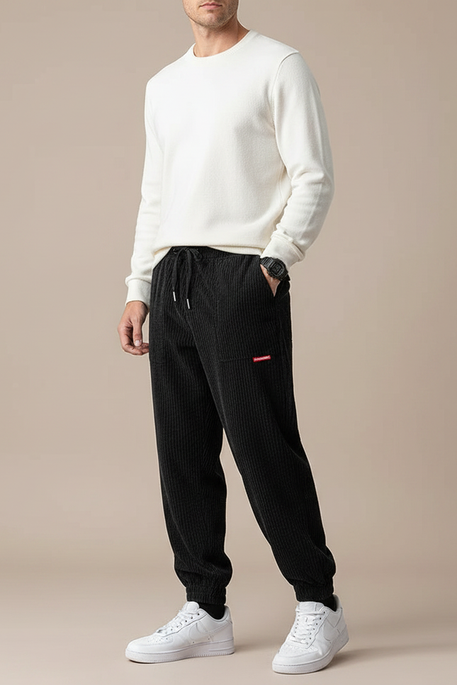 Pantalon Velours Noir Côtelé Jogger Homme Décontracté - Cordé