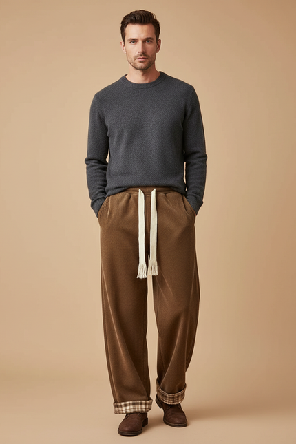Pantalon Velours Côtelé Marron Large Doublé Décontracté Homme