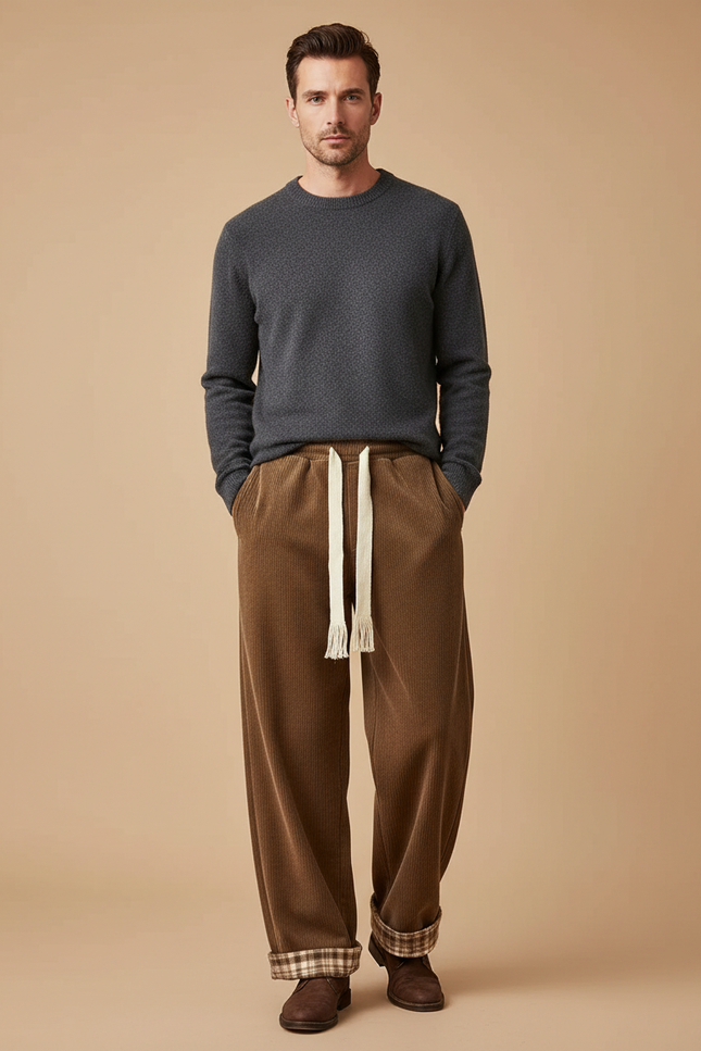 Pantalon Velours Côtelé Marron Large Doublé Décontracté Homme