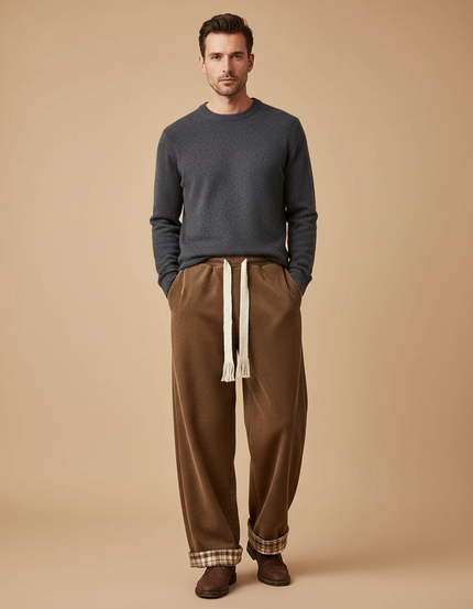 Pantalon Velours Côtelé Marron Large Doublé Décontracté Homme